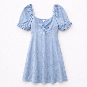 GB Short Puff Sleeve VNeck Peekaboo-Twist-Front Floral Jacquard Dress periwinkle